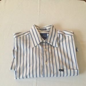 FACONNABLE Mens White Blue Stripe Dress Shirt
